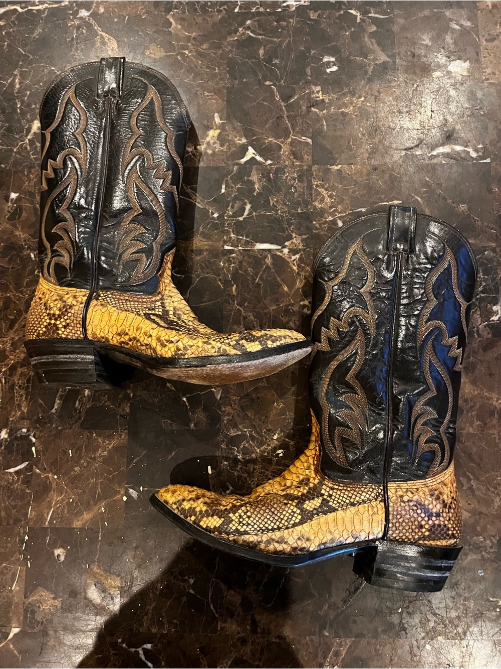 Nocona Men’s Yellow Snakeskin Cowboy Boots with Black Leather Shaft
